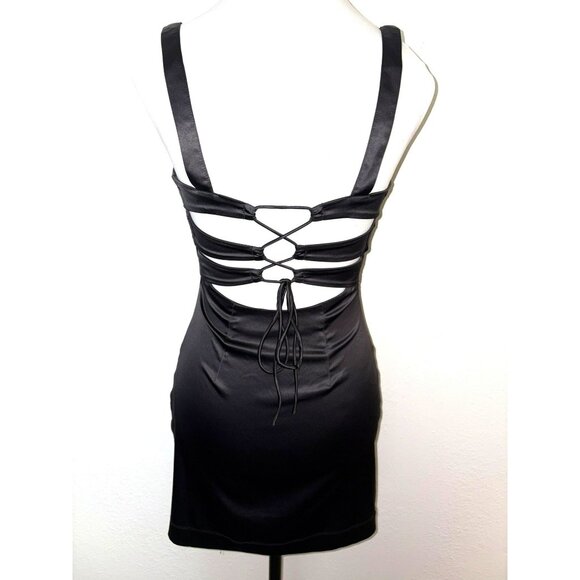Intimately Free People Tongue Tied Black Satin Mini Dress W/ Lace-Up Back Size X - Picture 2 of 9